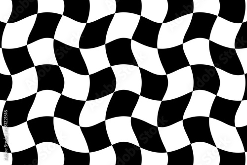 Distortion effects on checkered pattern, monochrome black and white vector background.