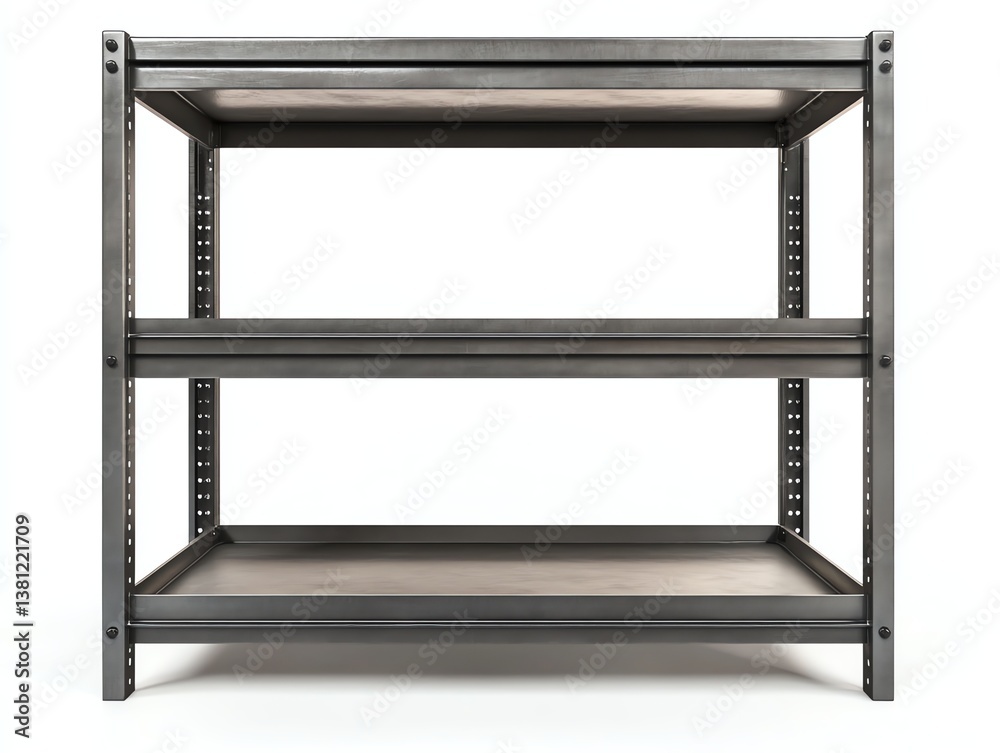 Metal Shelving Unit with Three Levels on White Background for Storage