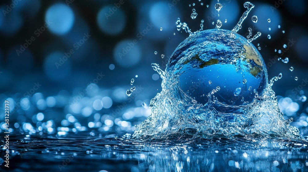 Earth being impacted with water. Blue background with bokeh effect Earth being impacted with water. Blue background with bokeh effect