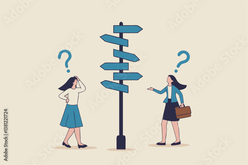 Decision choice, confusion, doubt for opportunity, challenge to choose career path, way to success or tough decision, way to solve problem concept, confused businesswoman make decision choosing path.
