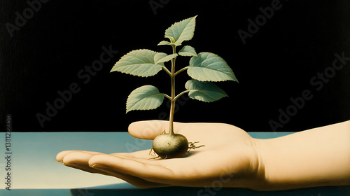 Holding a freshly harvested mandrake root against a dark background with vibrant green leaves