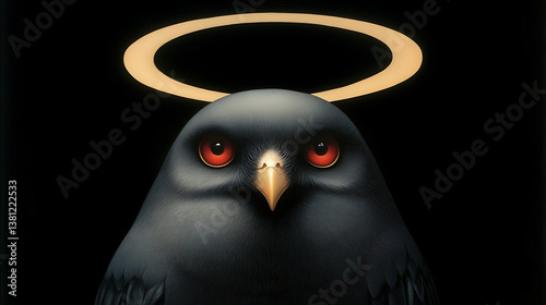 Mystical owl with red eyes and a glowing halo surrounded by dark enchantment