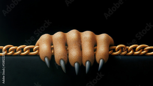 Claw grips a golden chain against a pitch-black background, symbolizing power and tension in a captivating art piece