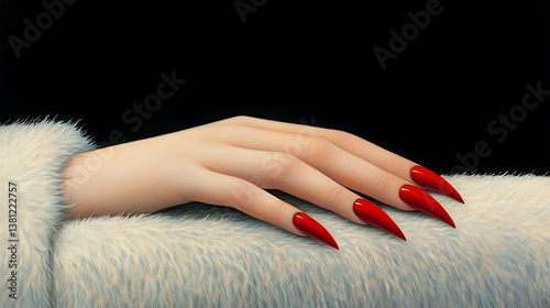 Sharp red nails extend alluringly over a soft white fur against a striking black background