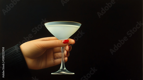 Elegant hand with red nail polish gracefully holding a martini glass against a dark background