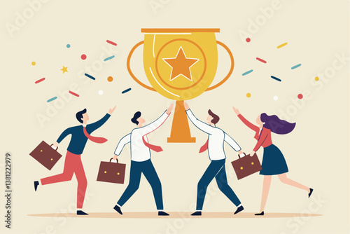 Team achievement, high quality employees, teamwork to help success together, best quality service reward, high performance staffs concept, business people celebrate high quality badge achievement.
