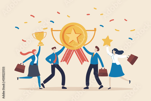 Team achievement, high quality employees, teamwork to help success together, best quality service reward, high performance staffs concept, business people celebrate high quality badge achievement.