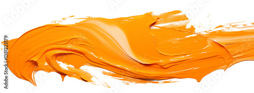 A close up of a vibrant orange paint stroke with visible texture and brushwork on a  on transparent background png