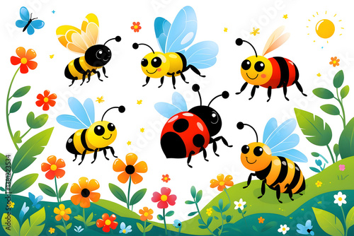Colorful cartoon bees and flowers in a bright garden setting on a sunny day