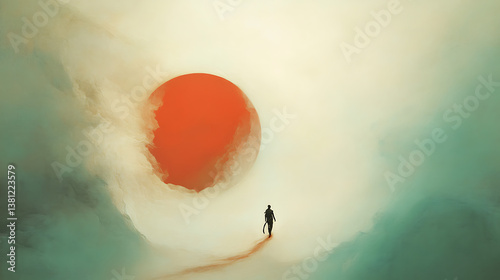 Surreal journey through ethereal mists towards a blazing sun at twilight