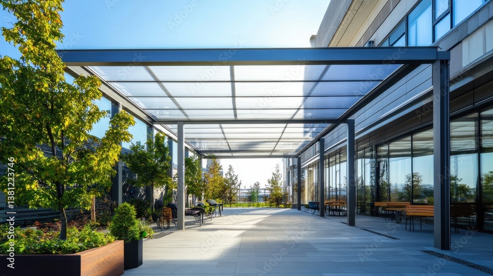 Modern Outdoor Space with Sunshade and Greenery Modern Outdoor Space with Sunshade and Greenery
