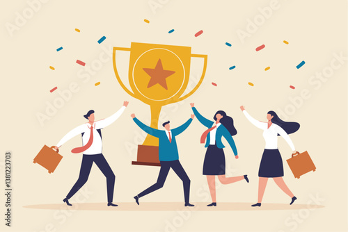 Team achievement, high quality employees, teamwork to help success together, best quality service reward, high performance staffs concept, business people celebrate high quality badge achievement.