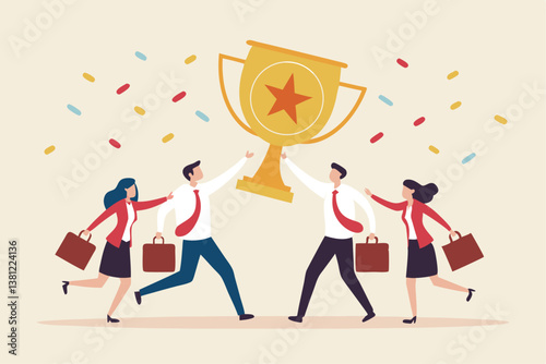 Team achievement, high quality employees, teamwork to help success together, best quality service reward, high performance staffs concept, business people celebrate high quality badge achievement.