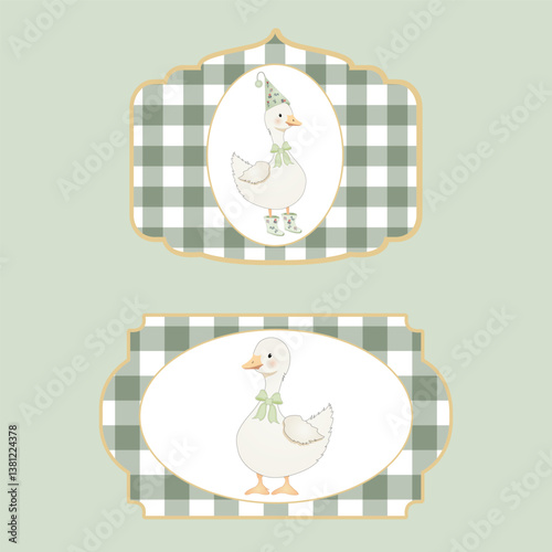 Stickies or labels with cute geese. Birds to decorate designs for children. Geese with cute hats and boots. Vector illustration