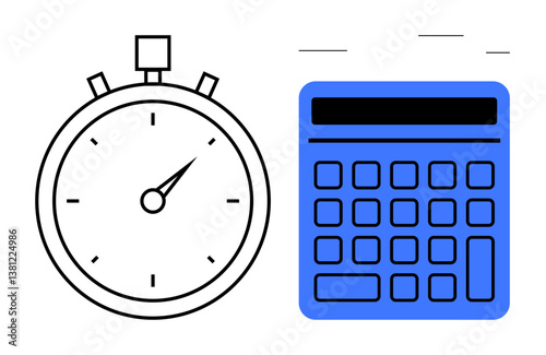 Stopwatch measuring time next to a calculator suggesting precision and planning. Ideal for productivity, time tracking, management, efficiency, strategy, analysis, organization. Flat simple metaphor