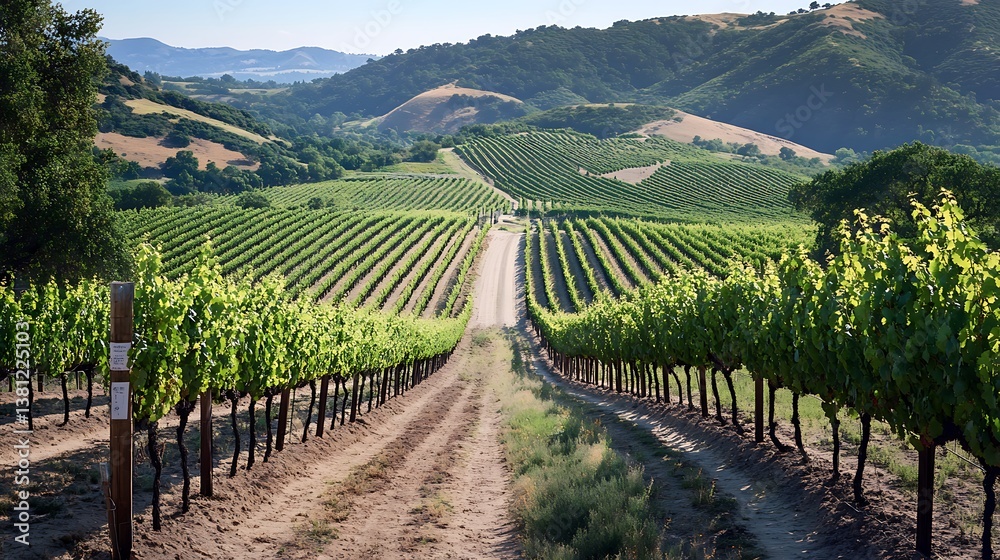 Obraz premium Vineyard Rows in Rolling Hills: A Picturesque Wine Country Landscape