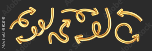 3D gold doodle arrow set in Y2K style, isolated on a dark background. Render of 3D golden liquid curve and swirl arrows, rotating up, down, and right with metal shine effect. 3D vector Y2K figure