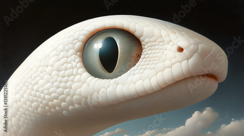 Breathtaking view of a white snake's eye reflecting the world around it in stunning detail and clarity