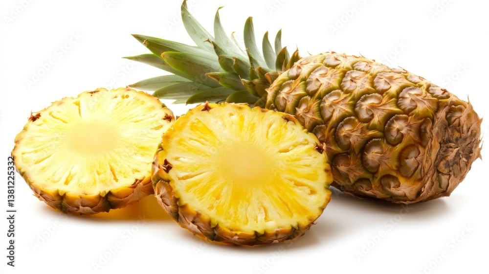 Pineapple Slices and Whole Fruit Fresh Isolated on White Background Pineapple Slices and Whole Fruit Fresh Isolated on White Background