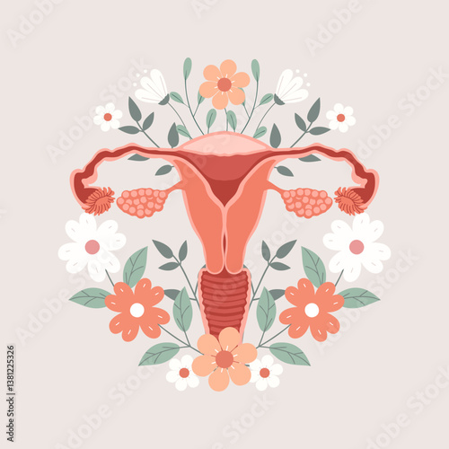 Female reproductive system with flowers and leaves. Women's Health Day. Flat artistic illustration.