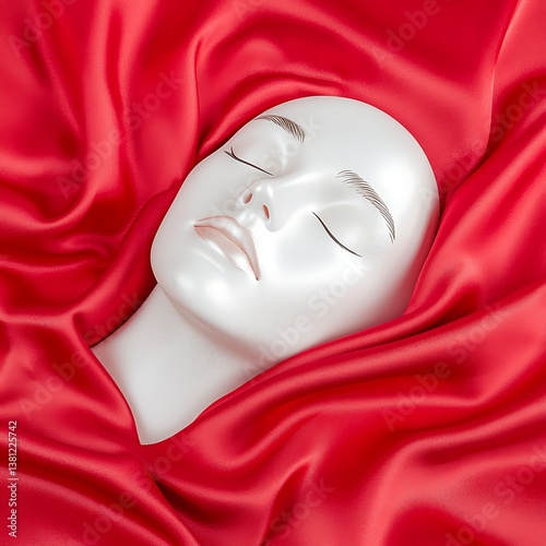 Serene White Mask with Red Silk Drape.
