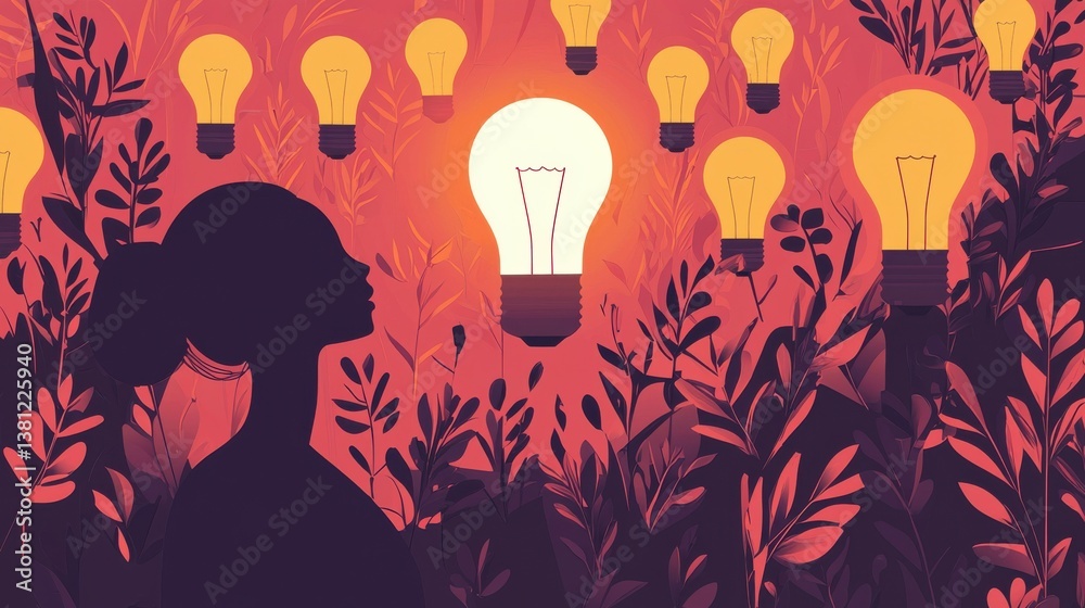 Naklejka premium Illuminating ideas woman contemplating light bulbs in creative forest environment digital art inspirational concept