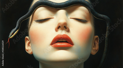 Serenity and danger intertwined in a striking portrait of beauty with a serpent resting on her head