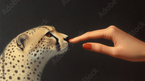 Graceful connection between human and feline against a dramatic black backdrop