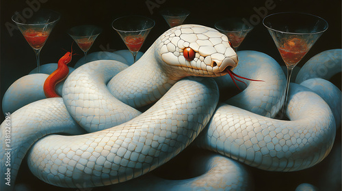 Sleek serpent coils among vibrant martinis in an imaginative blend of nature and nightlife