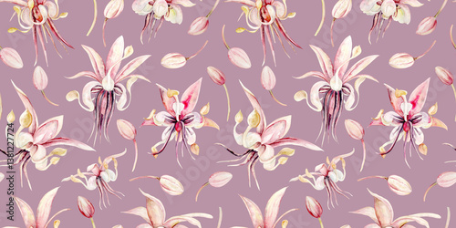 Chocolate tree flowers. Seamless pattern. Watercolor illustration. Hand drawn chocolate tree flowers in pastel colors for packaging, textiles and botanical designs.