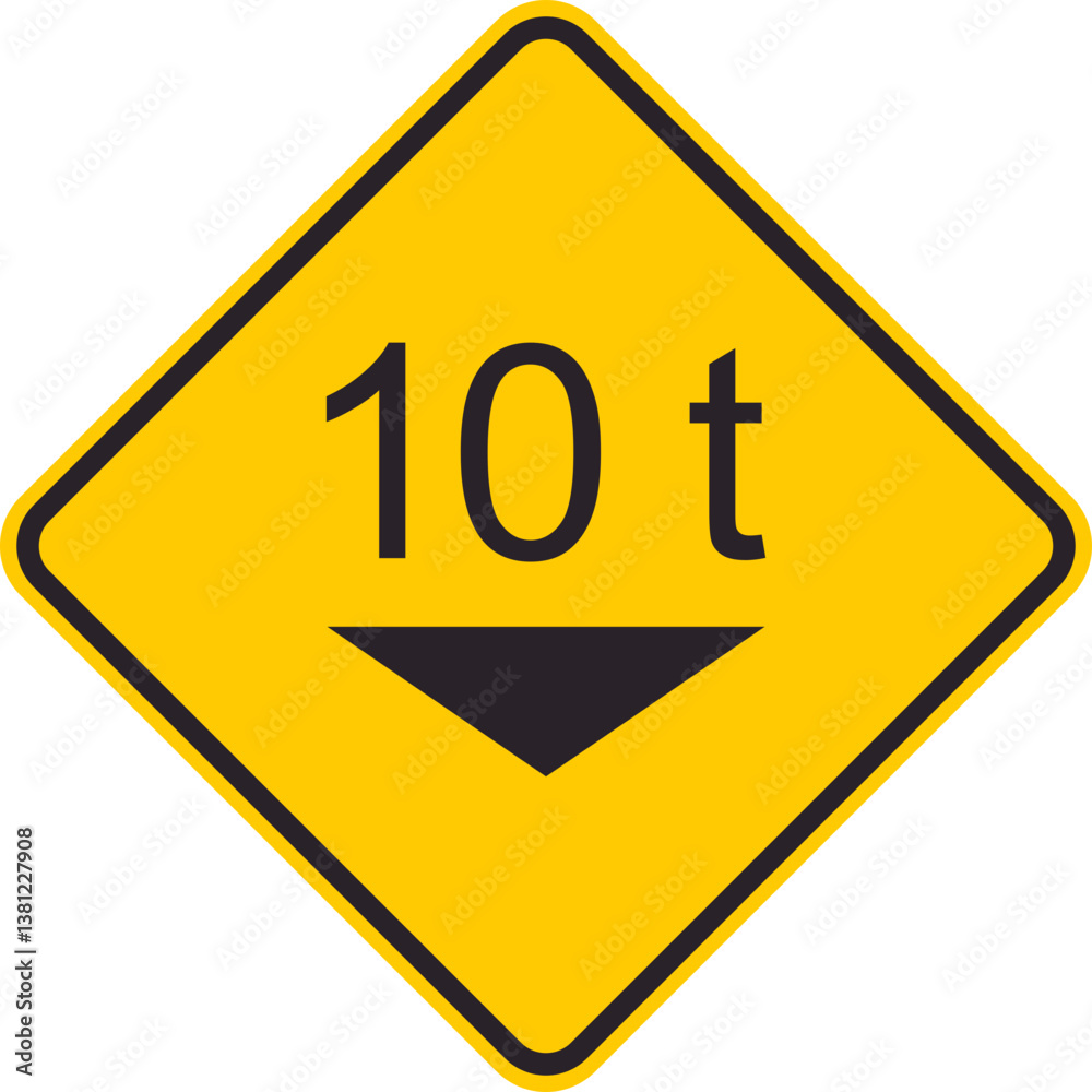 Yellow rhombus traffic sign that informs drivers of the maximum gross weight allowed for vehicles on the road. Yellow rhombus traffic sign that informs drivers of the maximum gross weight allowed for vehicles on the road.