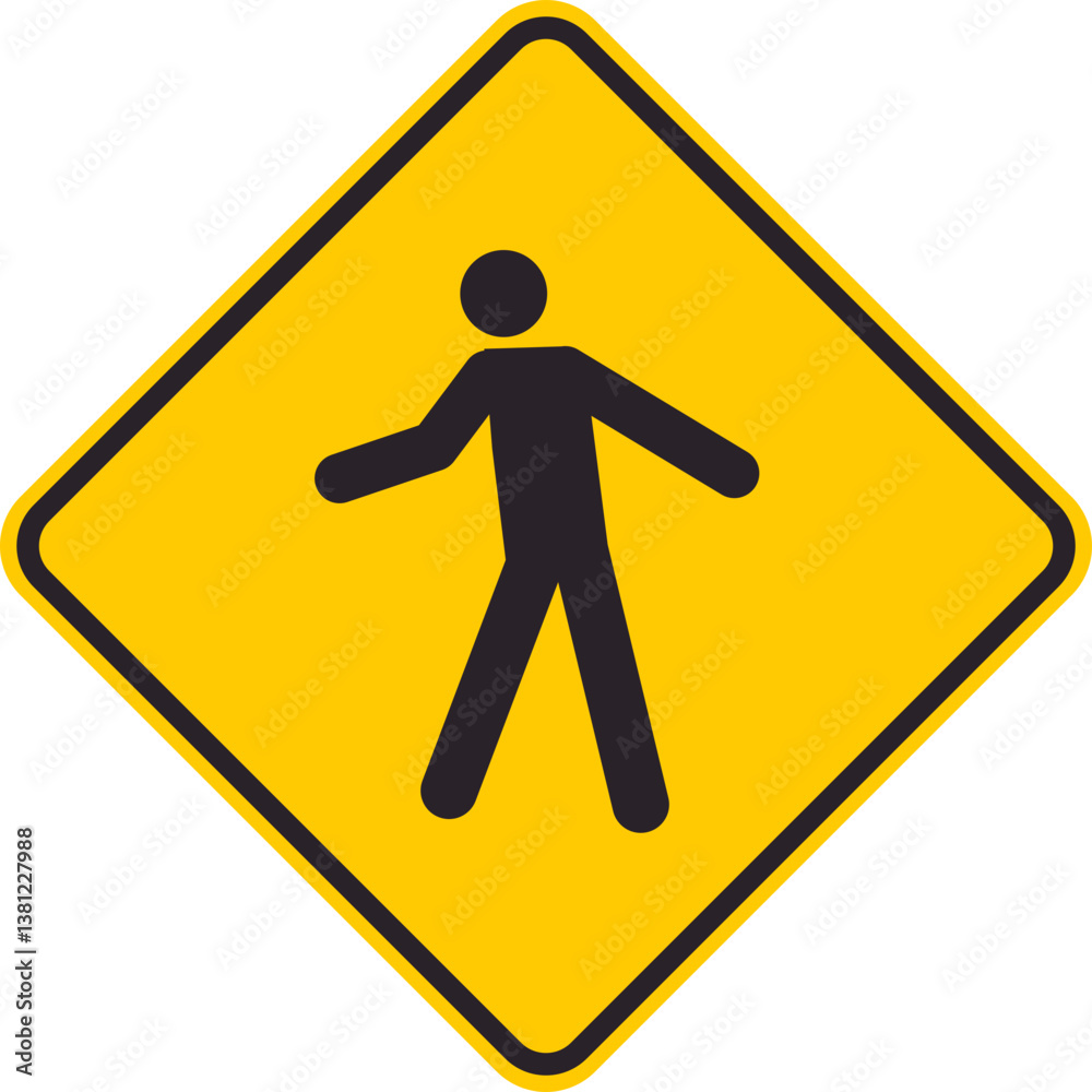 Yellow rhombus traffic sign that alerts drivers of a pedestrian crossing ahead. Yellow rhombus traffic sign that alerts drivers of a pedestrian crossing ahead.