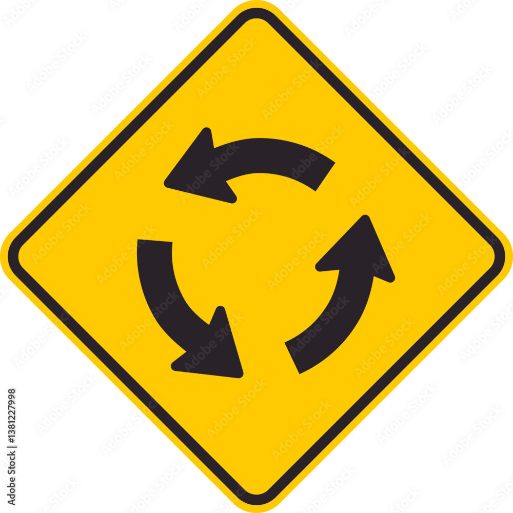 Yellow rhombus traffic sign that informs drivers of an upcoming roundabout.