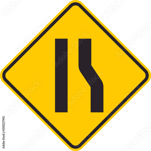 Yellow rhombus traffic sign that alerts drivers of a narrow section of road on the right side.