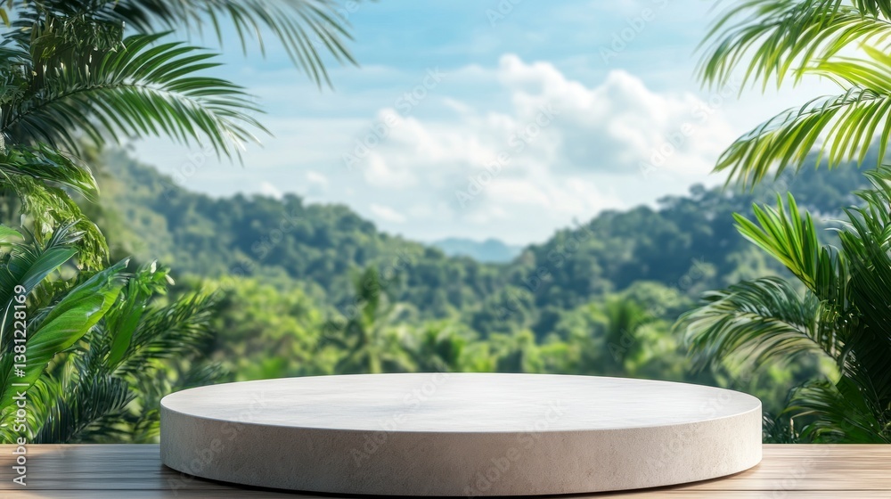 Tropical Product Display Podium Surrounded by Lush Greenery and Sky Tropical Product Display Podium Surrounded by Lush Greenery and Sky