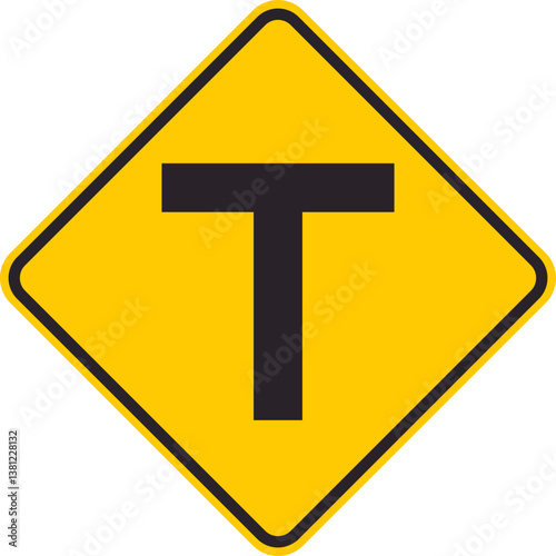 Yellow rhombus traffic sign that informs drivers of an upcoming T-junction.