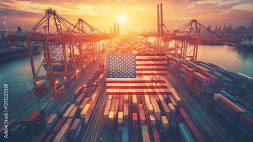 A major U.S. port is illuminated by sunset while shipping containers are arranged with an American flag design, reflecting the burden of tariffs