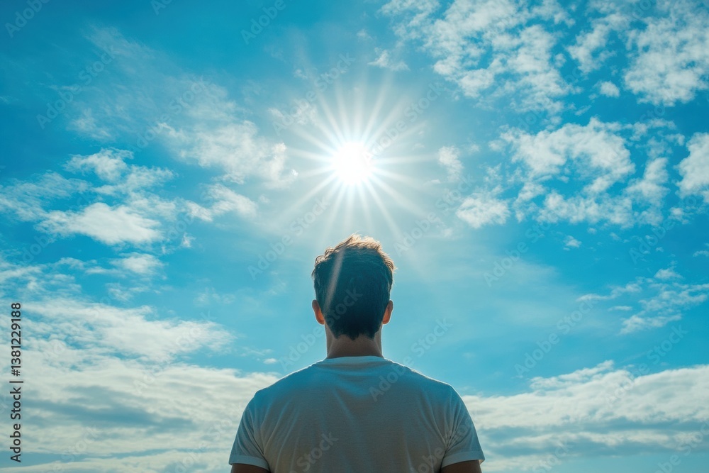 Fototapeta premium Young caucasian male under bright sunlight with clear blue sky