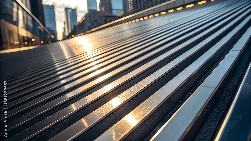 Fototapeta premium Modern metallic stairs with strong geometric lines ascend upwards towards urban city buildings, illuminated by warm afternoon sunlight.
