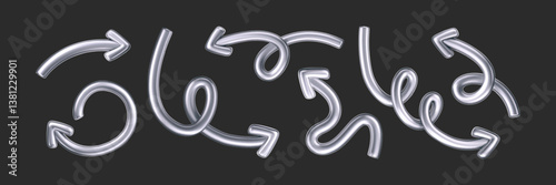 3D chrome doodle arrow set in Y2K style, isolated on a dark background. Render of 3D chrome liquid curve and swirl arrows, rotating up, down, and right with metal silver effect. 3D vector Y2K figure