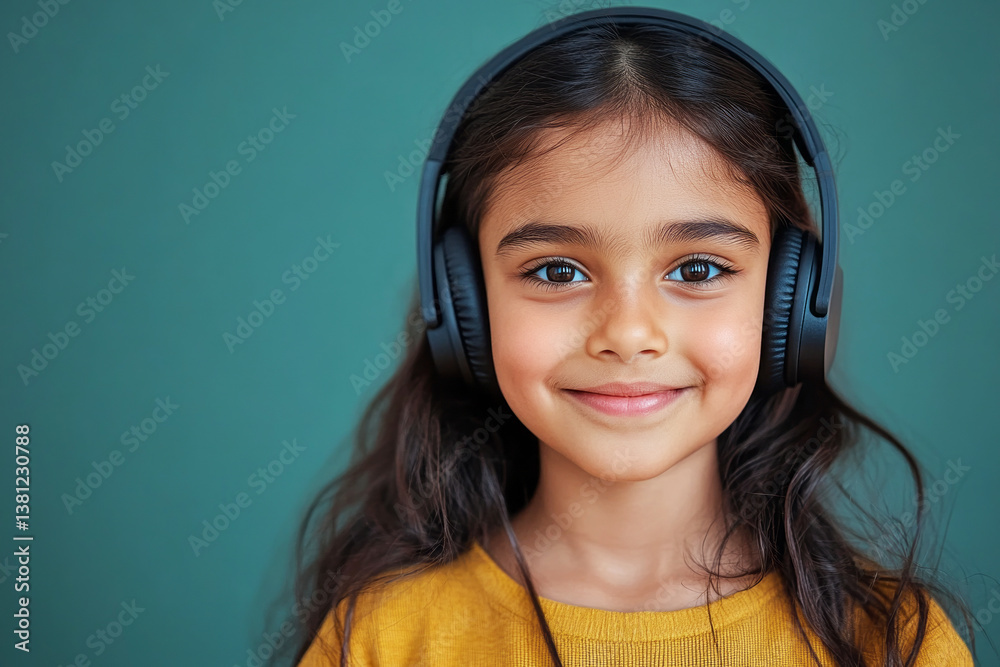 Portrait of a smiling Indian 8-year-old girl with headphones, green background, perfect for a minimalist mock-up concept of music or studying