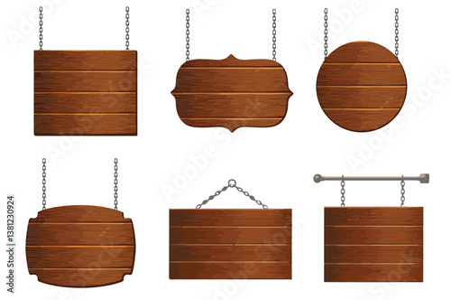 "A detailed vector set of hanging and standing wooden signboards, perfect for branding, advertising, posters, game UI, websites, and rustic-themed projects. These wooden elements are designed to be us