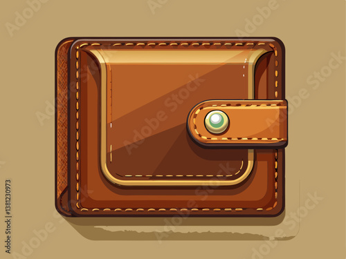A high-quality vector of a luxury leather wallet in warm brown tones with fine stitching, placed on a soft beige background.