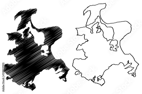Rugen island (Baltic Sea, Federal Republic of Germany) map vector illustration, scribble sketch Rugia or Ruegen map