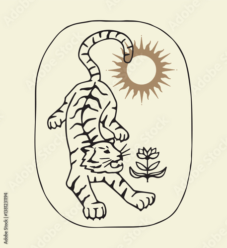 Modern boho hand drawn linear tiger with flower and abstract celestial sun. Contemporary illustration in trendy bohemian style. Isolated vector tiger on a light background perfect for logos and prints
