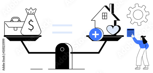 Scale balancing money, briefcase with house, heart, medical symbol, woman holding tablet, gear symbol. Ideal for work-life balance, priorities equality decisions self-care lifestyle. Flat simple