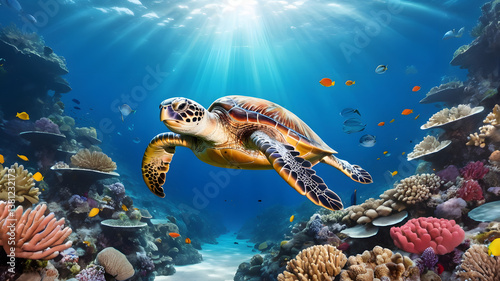 Sea Turtle Swimming Peacefully in Clear Water Against Coral Reef