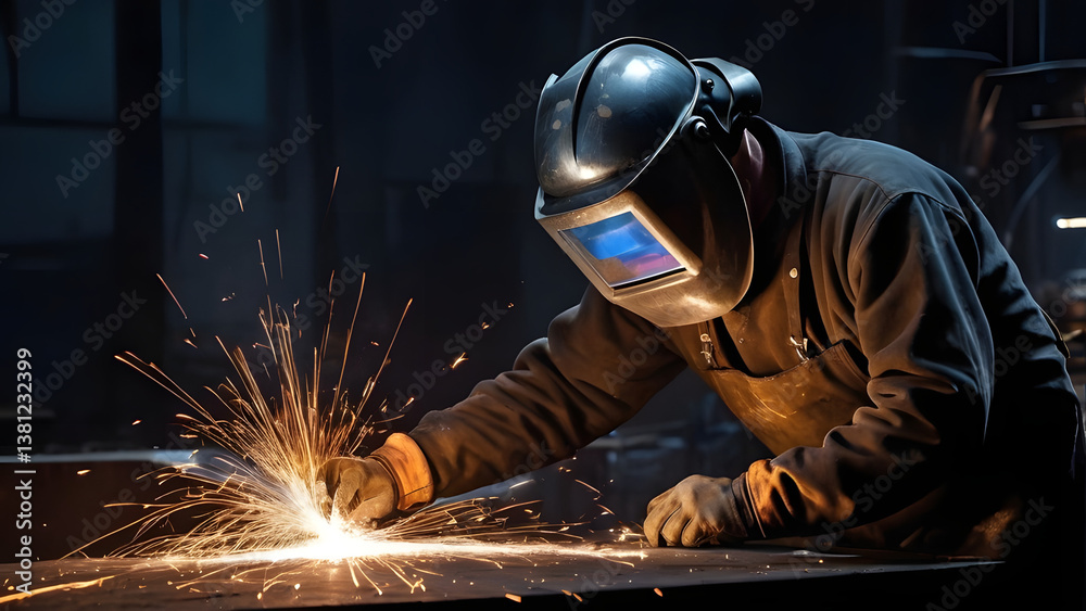 Dynamic Welder Working with Flying Sparks in Industrial Setting Dynamic Welder Working with Flying Sparks in Industrial Setting