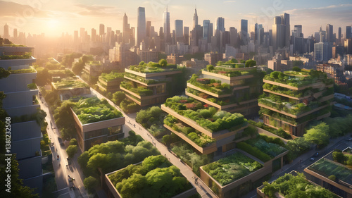 Advanced Green Cityscape with Rooftop Gardens at Sunset