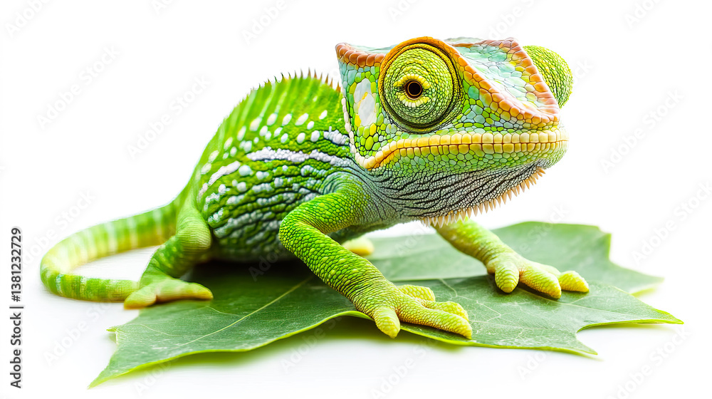 Fototapeta premium Colorful chameleon resting on a leaf in a bright setting
